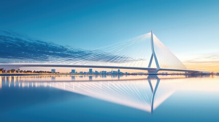 Obraz premium A modern cable stayed bridge illuminated against a twilight sky, its sleek design reflecting in the water below, highlighting the intersection of functionality and aesthetics in urban landscapes.