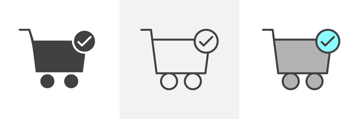 Shopping cart and check mark icon collection in black and white and colored style