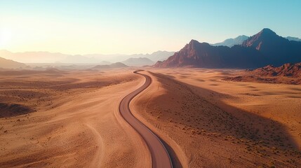 Fototapeta premium A lone road stretching across a vast desert landscape, with sand dunes and mountains in the distance, highlighting the scale and isolation of arid environments.