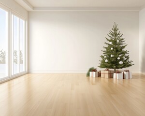 Minimalist Christmas Room Interior with Gifts and Tree