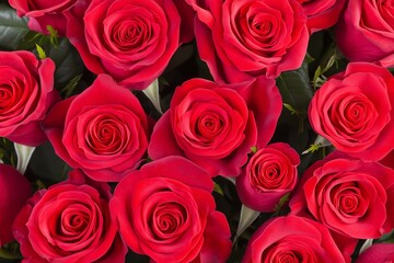 Obraz premium bouquet of red roses, a close-up shot, arranged in an intricate pattern, perfectly blooming and detailed, romantic passion background, valentine's day concept romantic banner