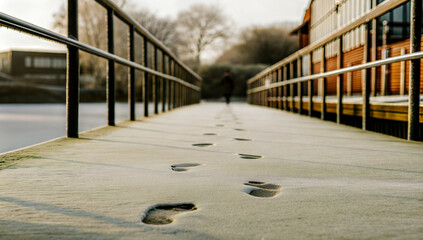 frosty bridge walkway with footprints in the snow, no people