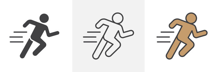 Man fast run icon collection in black and white and colored style