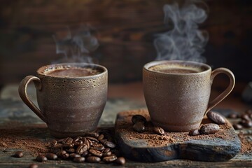 Fototapeta premium Two steaming cups of hot chocolate on a rustic wooden table, with cocoa powder and coffee beans scattered around.