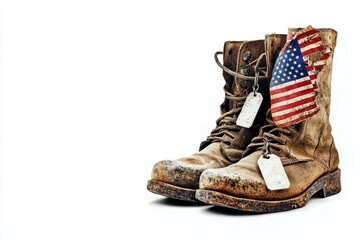 A pair of old military combat boots with the American flag and dog tags against a white background. Stand as a poignant symbol of service and sacrifice, adorned with an American flag.