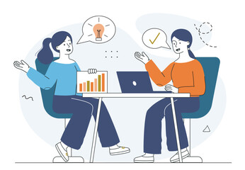 Fototapeta premium People with business idea. Women with charts and laptop. Presentation and discussion, brainstorming. Collaboration and cooperation, partnership. Linear vector illustration