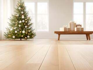 Empty Wooden Tabletop with Blurred Christmas Tree and Presents Background