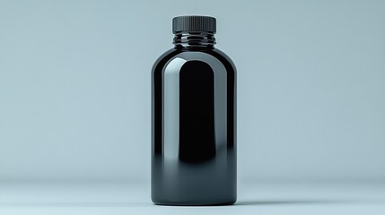 Fototapeta premium Black glass bottle with a black lid on a light blue background.