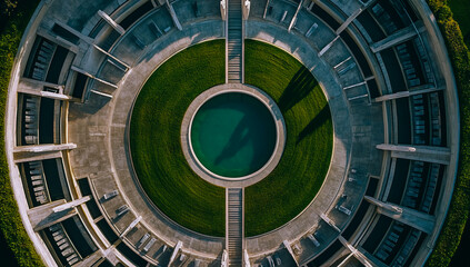 Naklejka premium Aerial view of the top half of an art deco circular garden with a lawn, surrounded by classical columns and rows of seats in geometric patterns