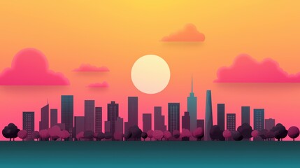 Fototapeta premium A sweeping panorama of a bustling metropolis at sunset, with iconic skyscrapers silhouetted against a vibrant orange and pink sky.