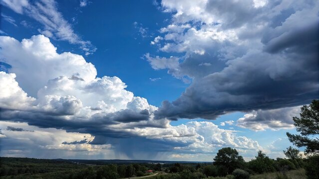 A majestic blue sky with dark grey thunderheads and a few puffy white clouds, landscape, severe, thunderheads