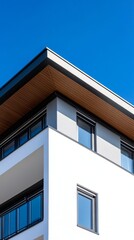 Modern architectural corner featuring clean lines and large windows against a blue sky.