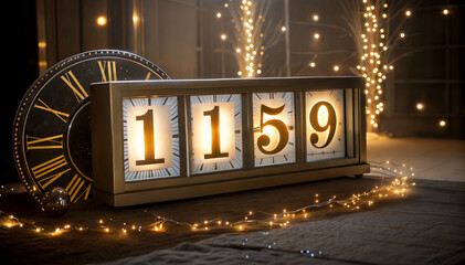 vintage countdown clock at 11:59 with festive lights with copy space, New Year 