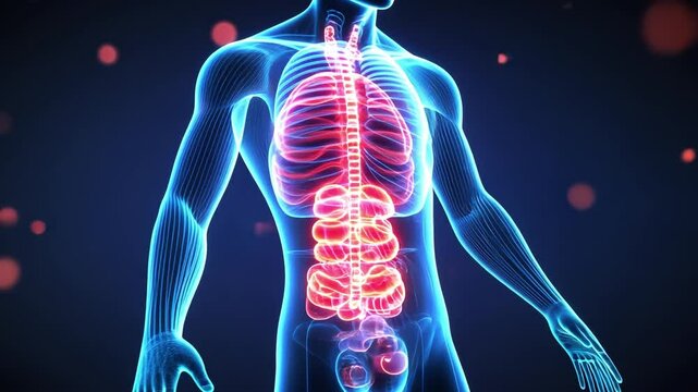 Human Digestive System: Anatomy Illustration: A detailed 3D anatomical illustration of the human digestive system, highlighting the organs and their interconnectedness.