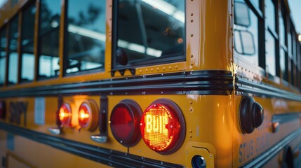 Rear View of a Yellow School Bus with Illuminated Lights