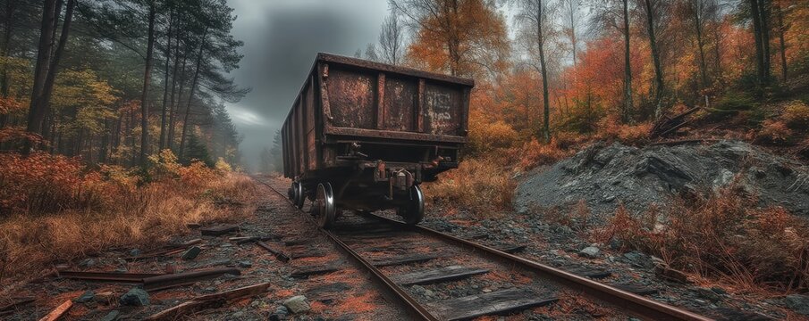 A derelict train carriage on overgrown tracks amidst autumn foliage under a cloudy sky.