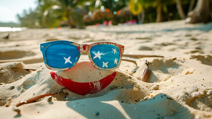 Obraz premium Painted smile on the sand with sunglasses featuring the Belize flag, representing a positive and successful holiday in Belize.