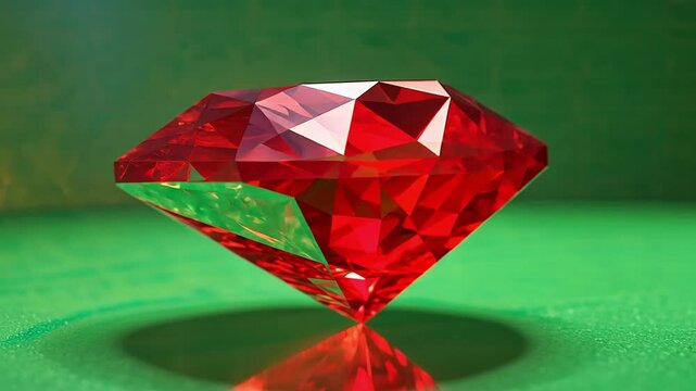 Radiant Ruby Gemstone: A captivating close-up of a brilliant, red ruby gemstone, showcasing its intricate facets and fiery glow against a rich green backdrop.  The image evokes luxury, rarity.