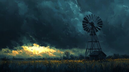 Dramatic storm clouds over rural windmill