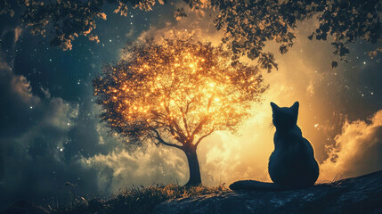 Mystical cat silhouette gazes at radiant cosmic tree glowing in the night sky