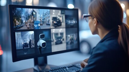 A woman monitors security camera feeds on a computer screen in an urban setting.