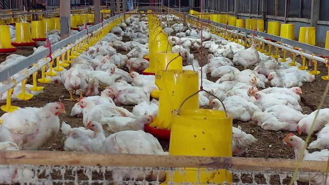 Pinrang-Makassar, Indonesia, November 22, 2024: chicken coop with many broiler chickens resting on the floor. There are several yellow food and drink places scattered throughout the coop.