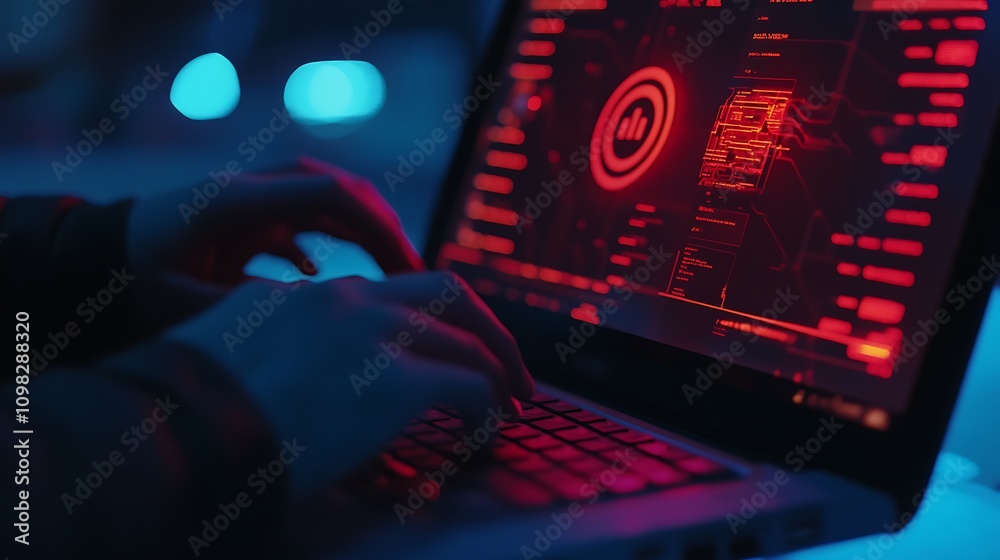 Poster a close-up of hands typing on a laptop displaying a red-themed data analysis interface.