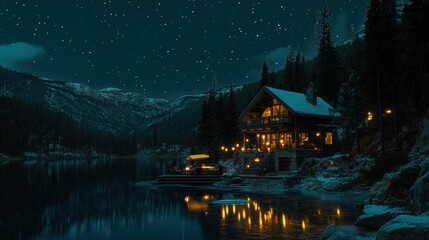Fototapeta premium Cabin on a snowy lake at night with a starry sky.