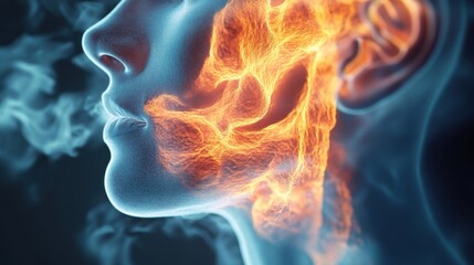 Burning Face Abstract Art Fire, Smoke, Digital, Anatomy, Human, Head, Profile, Concept, 3D, Render