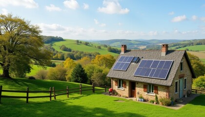Cottage with solar panels in scenic countryside with rolling hills