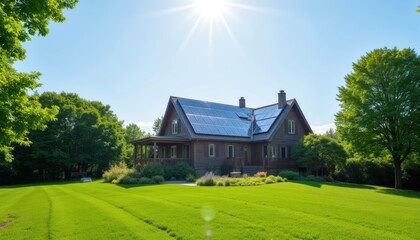 Obraz premium Futuristic home with solar panel roof and vibrant green lawn