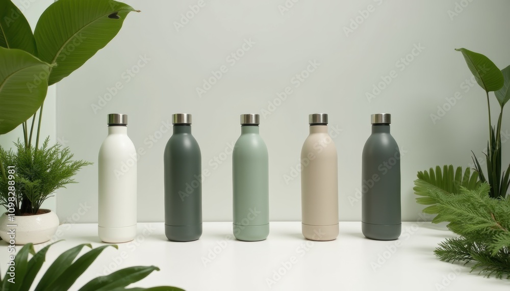 Poster Clean table setup with sleek reusable bottles and greenery