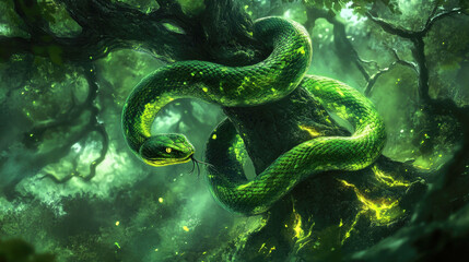 Obraz premium Surreal green snake coils on glowing tree in a mystical floating realm