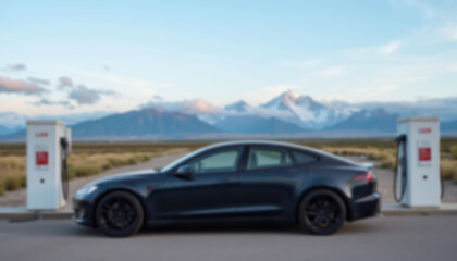 Fototapeta premium Blurred sleek EV charging near highway with mountains and clear sky