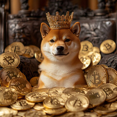 Shiba dog sitting on a king throne with a crown on his head with endless amount of crypto coins around him