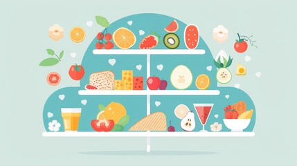 Fototapeta premium Colorful Illustrated Food Display with Fruits and Cheese
