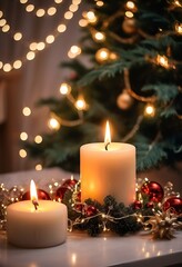 Wallpaper, Christmas still life 2025, two hot candles among Christmas decor, Christmas tree in the background
