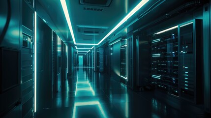 Obraz premium Modern High-Tech Server Room with Neon Lighting