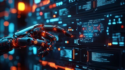 Futuristic and innovative robotic concept featuring a robotic arm with a neon lit tech interface  Sleek high tech design with ample space for text overlay or additional graphic elements