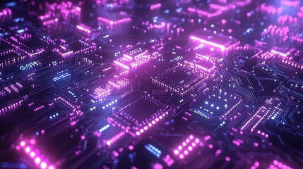Futuristic blue and purple technology background with intricate circuit board patterns and smooth minimalist design  Open space for text overlay suggesting a modern innovative and high tech concept