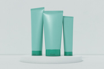 Elegant cosmetic liquid three bottle with a white background. 3D render of a beautiful cosmetic template for advertising. Makeup product brand and logo design branding V6