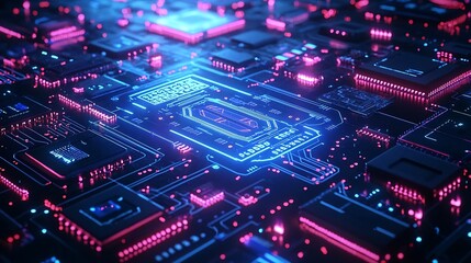 Obraz premium Futuristic blue circuit board design with neon glow on a dark and spacious background showcasing a clean high tech and innovative aesthetic The image conveys a sense of advanced technology energy