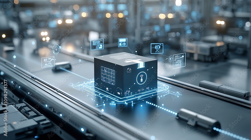 Poster Futuristic luminous delivery box with a glowing map design on a conveyor belt surrounded by a network of illuminated digital connections