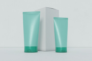 Elegant cosmetic liquid two bottle with a white background. 3D render of a beautiful cosmetic template for advertising. Makeup product brand and logo design branding V5