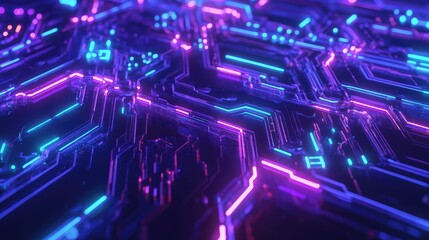 Obraz premium Data circuits glowing in neon blues and purples, forming a complex web of futuristic digital pathways