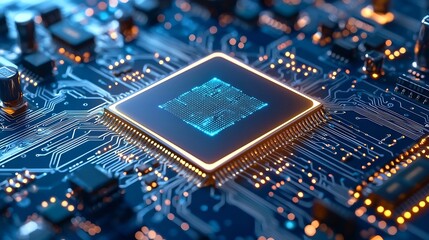 Fototapeta premium Futuristic blue green abstract technology circuit background with a central chip Smooth high tech and innovative design with ample space for message or branding Suitable for digital web technology