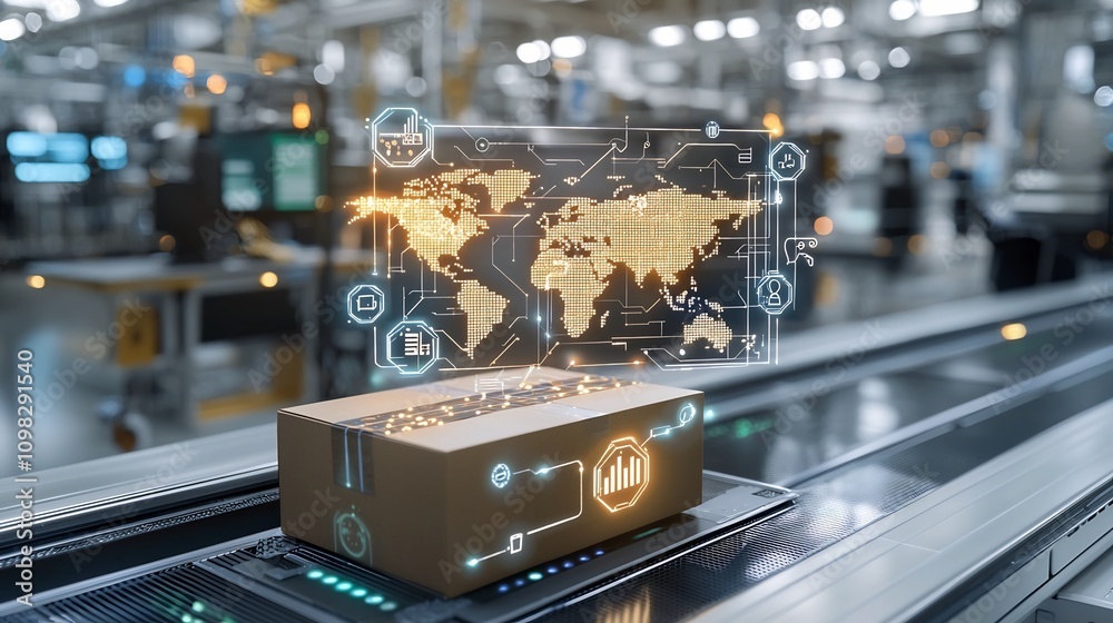 Poster Delivery box with a vibrant world map pattern glowing on a conveyor belt set against a backdrop of illuminated nodes connected to a futuristic digital network