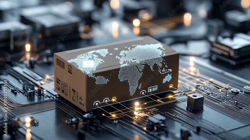 Poster Glowing world map pattern featured on a delivery box traveling along a conveyor belt against a backdrop of illuminated nodes connected to a futuristic interconnected digital network system