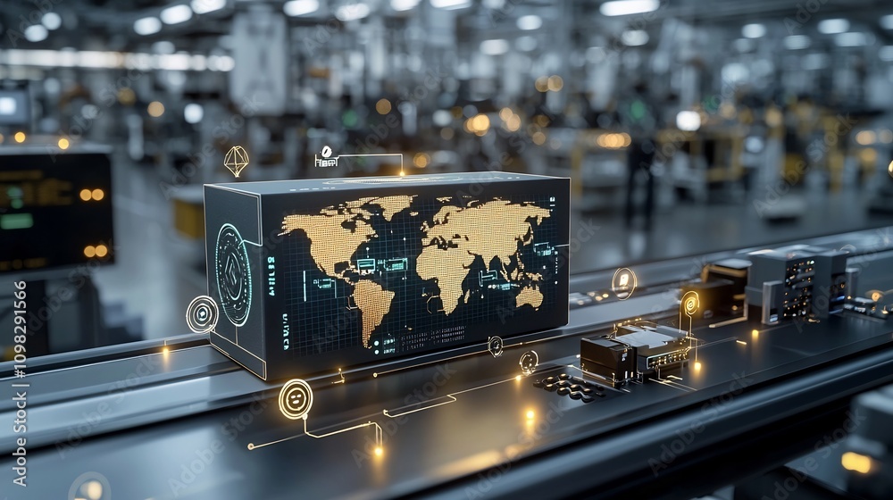 Fototapete Automated delivery box featuring a glowing world map pattern on a conveyor belt illuminated nodes connected to a futuristic network in the background