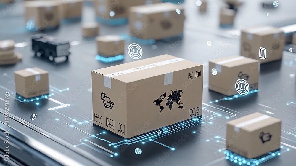 Aufkleber High Tech Delivery Box with Glowing Global Map Graphic Moving on Conveyor Belt under Dynamic Digital Network Showcasing Automated